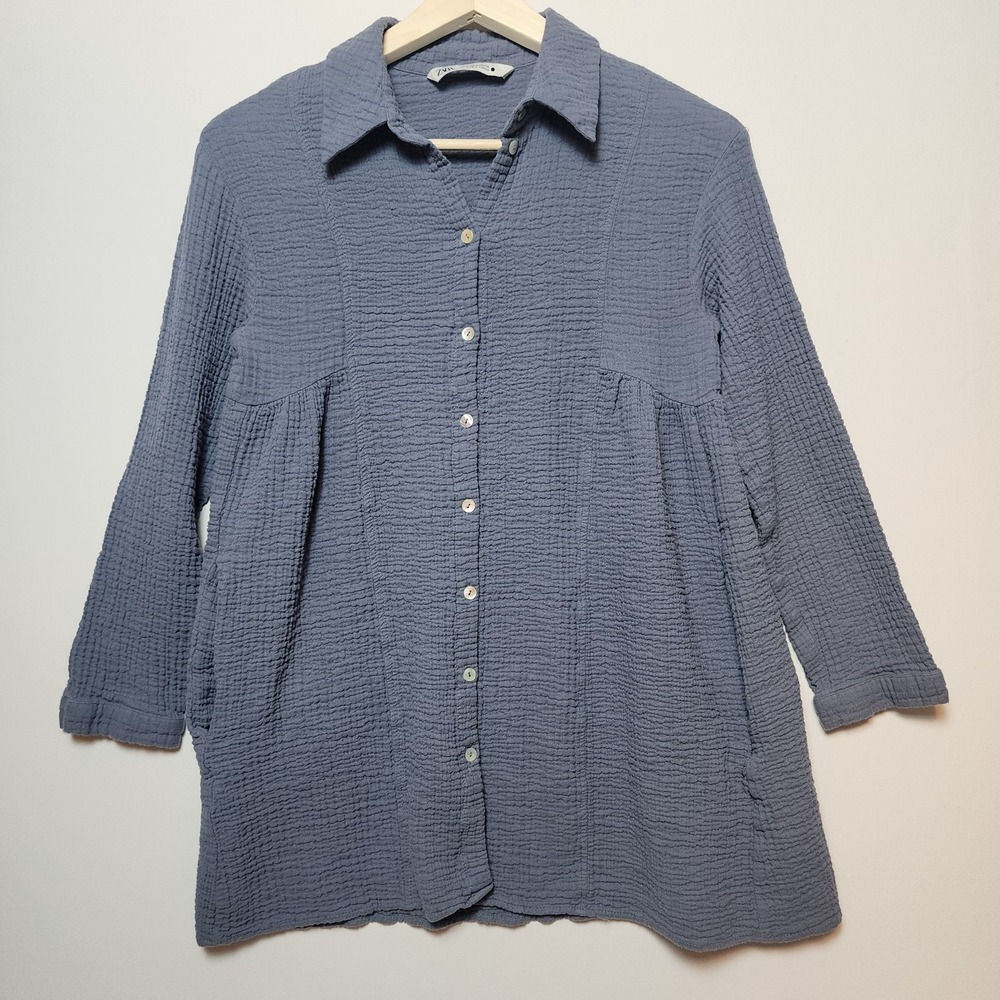 Zara Textured Gauze Crinkle Button Up Tunic Shirt Blue Gray Size Medium